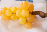 Varying citrine yellow stone grapes revealing their smooth texture and natural wood stem.