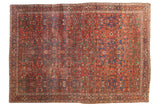 Antique Fereghan carpet: shadow medallion, scrolling florals. Madder red, cobalt blue, pistachio green, gently worn, 7'2
