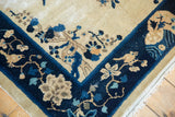 Expressive bird and floral motifs in beige and blue on a vintage Peking rug border.