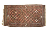 Antique Belouch rug, allover diamond lattice in dark wine, charcoal, and ivory, 2'11