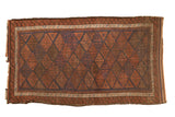 Antique Belouch rug with navy, madder red, and brown paneled medallions and pawn design border.