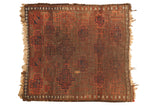 Antique Belouch square rug with allover starburst gul and rams horn patterns in chocolate, blush, navy, 2'7