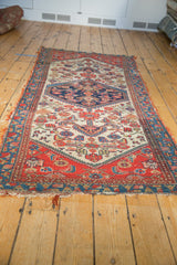 Intricate Herati and animal motifs on the worn ivory field of the antique Malayer runner.