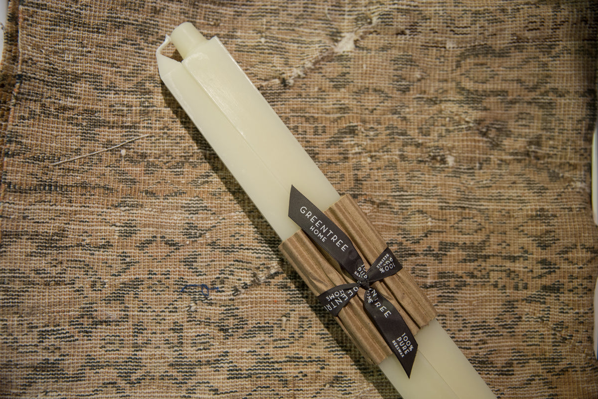 Pair of cream square extra large beeswax taper candles with Greentree Home ribbon.