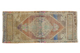 Distressed Oushak runner, stepped medallion, floral vinery, pale copper, blush, 1'7