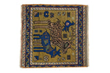 Vintage Pictorial Oushak rug, moss green with indigo blue animals, birds, and vines. 1'4