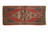 Hand-knotted vintage distressed Oushak runner, cherry red field, geometric medallion, navy, ivory, 1'9