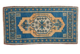 Vintage Distressed Oushak rug with aqua blue field, beige medallion, germinating plant finials, 1'11