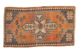 Distressed Oushak rug mat, bold geometric medallion, burnt orange, ivory, teal, 1'8
