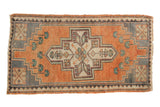 Vintage Distressed Oushak rug, bold geometric medallion, terracotta, gray, mint. 1'8