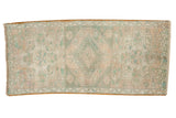Distressed vintage Oushak rug, faded ivory, beige, seafoam green triple medallion, 1'4