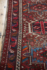 Karaja rug border detail with red, navy, sky blue ribbon floral and geometric motifs.