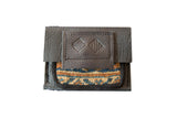 Dark leather coin purse with embossed logo and a geometric blue, orange, and tan rug fragment.