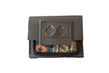 Dark brown leather coin purse featuring a colorful, woven vintage rug fragment accent.