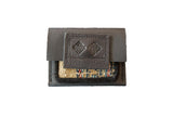 Leather and Rug Fragment Coin Purse with embossed geometric motif, beige and colorful pattern.