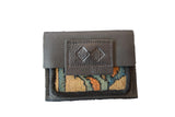 Leather and Rug Fragment Wallet with an embossed logo, teal, orange, and beige pattern.