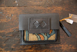 Black leather flap with embossed logo over woven teal and orange rug fragment.