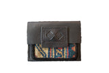 Handmade leather wallet with rug fragment, geometric pattern in beige, deep blue, rust.