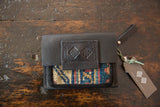 Swag and Tassel leather wallet, with rug fragment and embossed logo detail.