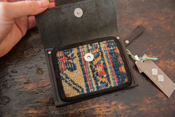 Leather and Rug Fragment Coin Purse / Wallet with Zipper
