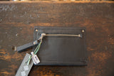 Back view of black textured leather wallet, metal zipper, green mini tassel, and tags.