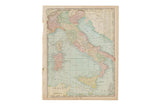 Cram's 1907 Map of Italy with pastel regions, blue seas, and aged, distressed edges.