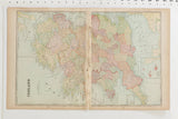 Vintage atlas map of Ireland and Great Britain across two pages with worn central fold.