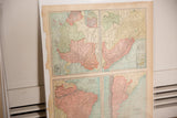 Close view of the worn left paper edge and colorful panels of a 1907 map of Brazil.