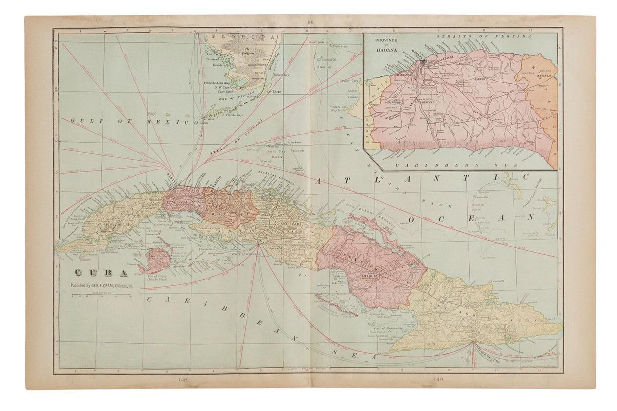 Map of Cuba Cram's Unrivaled Atlas of the World 1907 Edition
