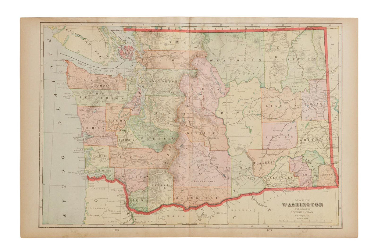 Map of Washington Cram's Unrivaled Atlas of the World 1907 Edition