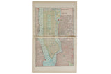 Cram's 1907 map of New York City with detailed street grids, muted blues, and aged paper.