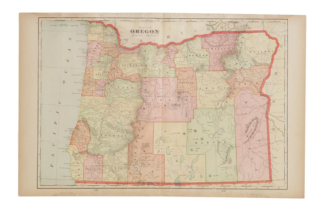 Cram's 1907 Map of Oregon, featuring aged hues, detailed counties, and geographic features.