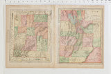 Vintage atlas spread showing pastel colored maps of Wyoming and Utah.