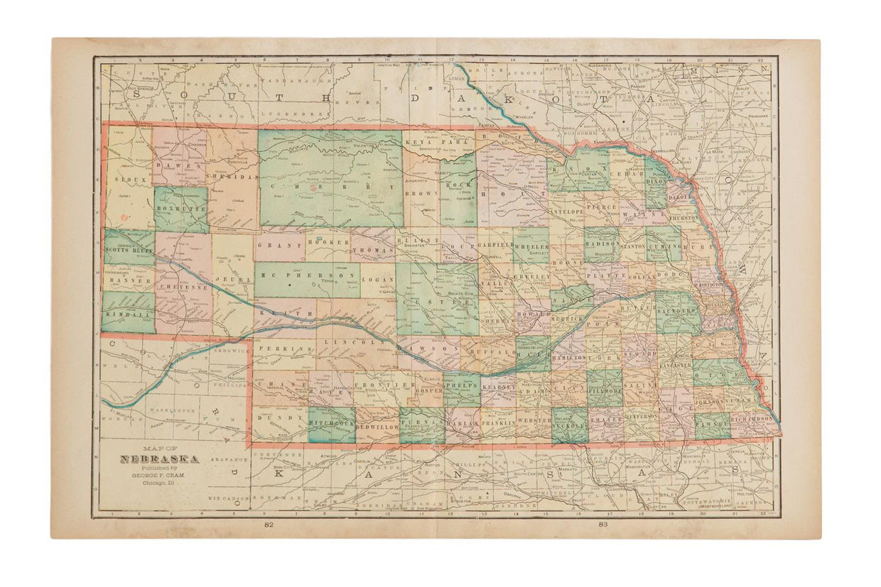 Map of Nebraska Cram's Unrivaled Atlas of the World 1907 Edition