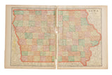 Cram's 1907 Map of Iowa shown as a two-page spread with pastel-colored counties on aged paper.