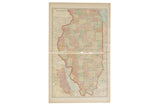 Antique 1907 map of Illinois from Cram's atlas with color-coded counties on aged paper.