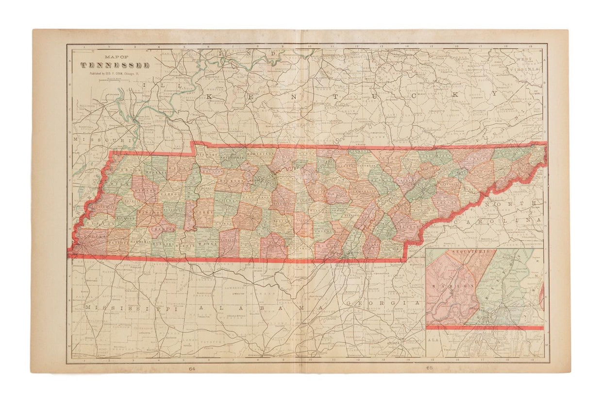 Map of Tennessee Cram's Unrivaled Atlas of the World 1907 Edition