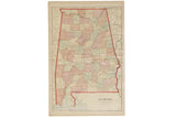 Cram's 1907 Map of Alabama with pale red and green counties on aged paper.