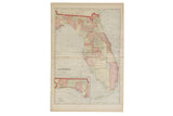 Cram's 1907 Map of Florida with muted red, green, blue counties and a Northwestern inset.
