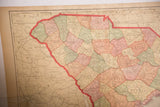 Lower central section of the 1907 South Carolina map, highlighting counties in pastel pink, green, and beige.