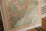 Patinated lower right of the 1907 Maine map, with muted green-blue Atlantic Ocean.