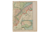 Vintage Cram's 1907 Quebec map with muted green, pink, blue provinces and aged paper.
