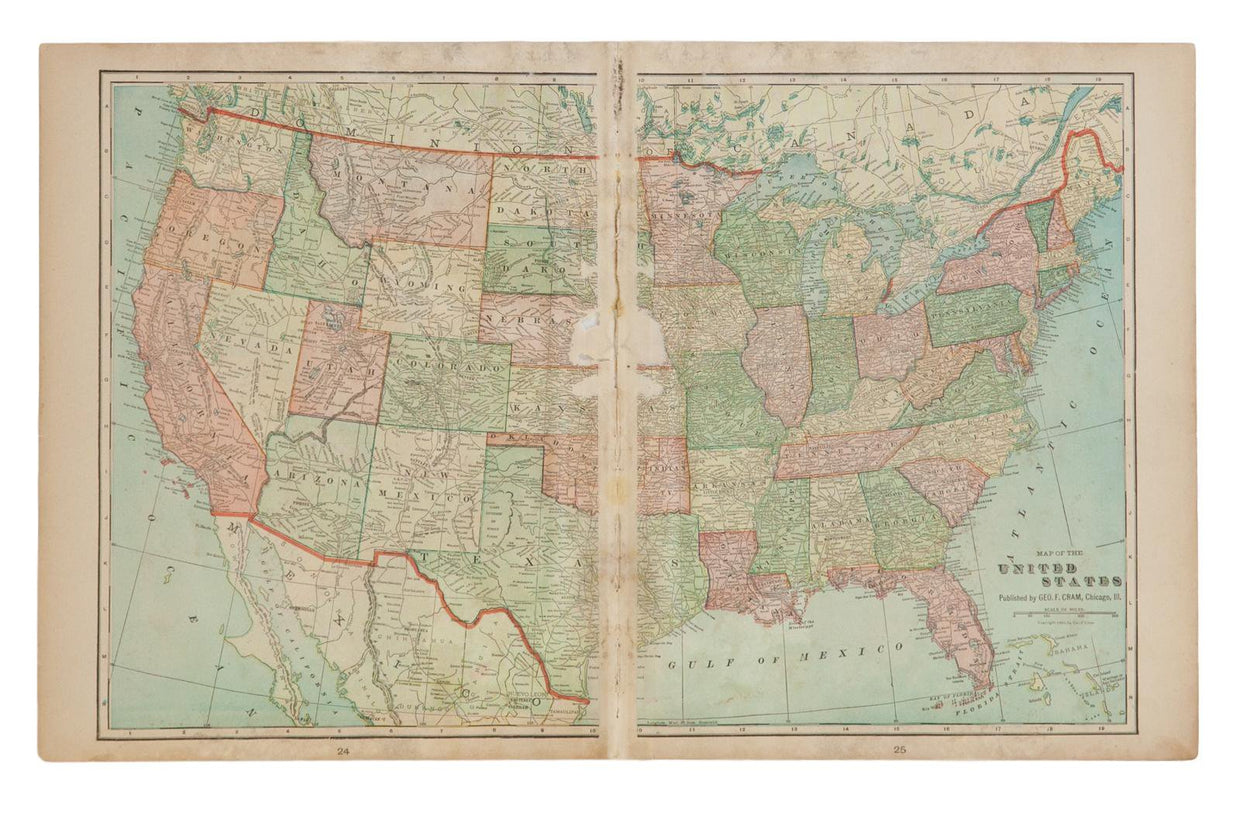 Map of United States of America Cram's Unrivaled Atlas of the World 1907 Edition