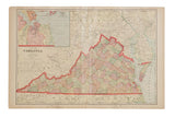 Historic 1907 Cram's map of Virginia, displaying red borders and pastel county subdivisions.
