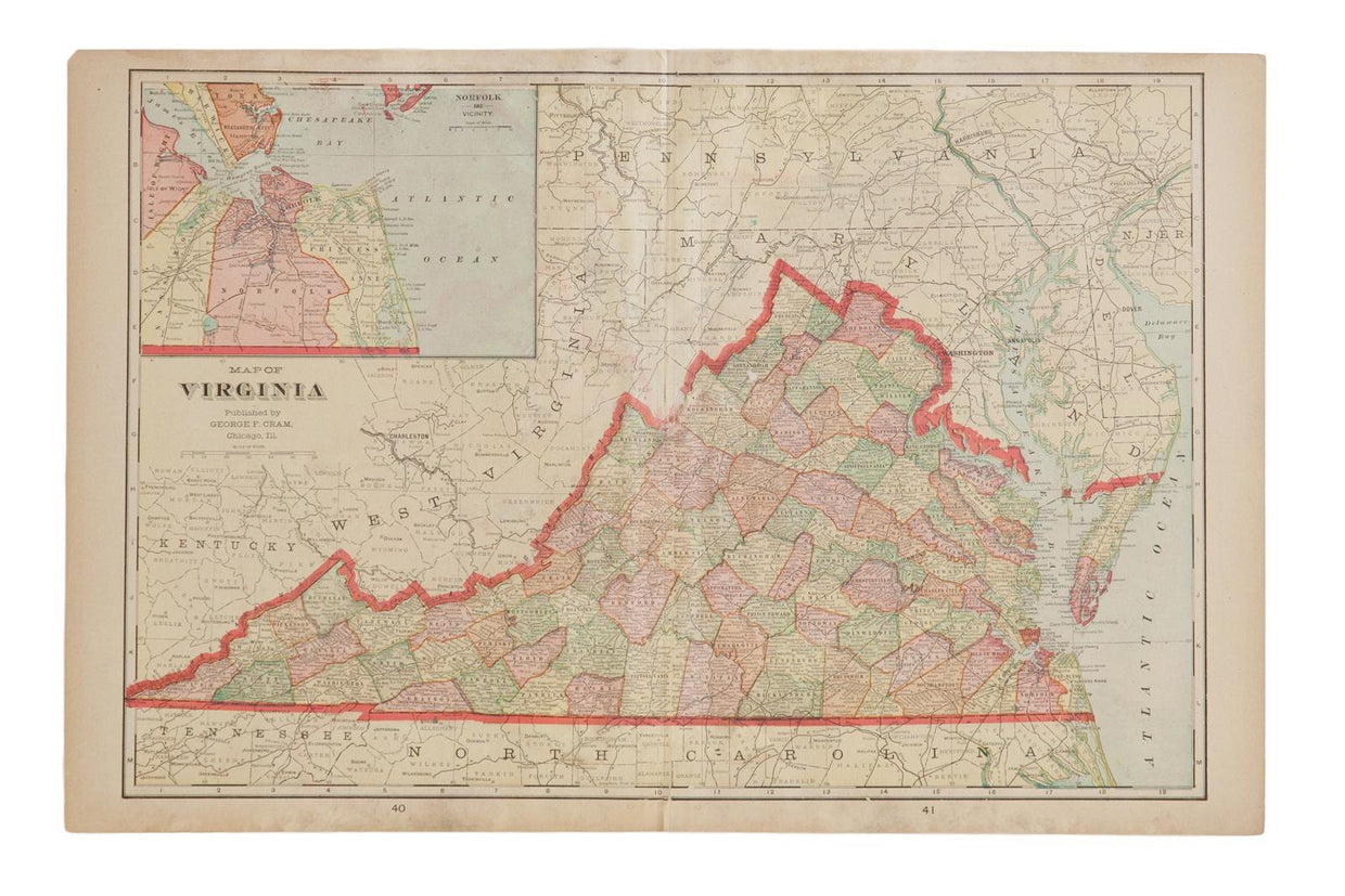 Map of Virginia Cram's Unrivaled Atlas of the World 1907 Edition
