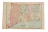 Vintage Cram's 1907 Map of Connecticut, showing pastel county colors and aged patina, 23.5