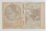 Aged 1907 Cram's World map pages showing Western and Eastern Hemispheres.