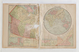 Facing pages of a 1907 atlas showing maps of Canada and the Eastern Hemisphere with age-related wear.