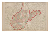 Antique 1907 Cram's map of West Virginia, red outline, colorful counties, aged patina.