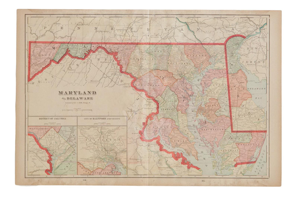 Map of Maryland Cram's Unrivaled Atlas of the World 1907 Edition